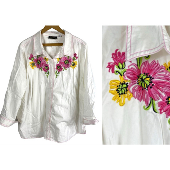 Bob Mackie Tops - Bob Mackie Embroidered Blouse Button Up White Country Western Cottagecore 2X